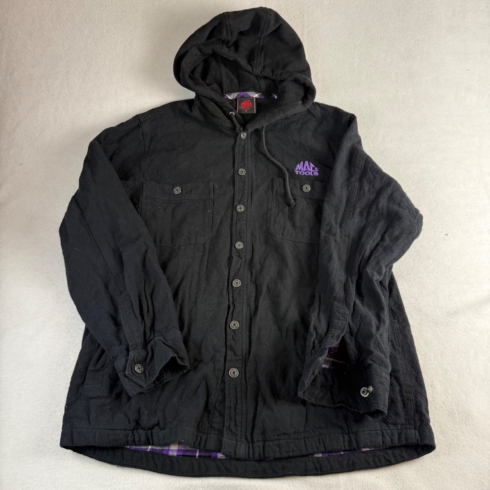 Mac Tools Mens XL Hooded Flannel Lined Shirt Jacket Black Purple Skull Graphic